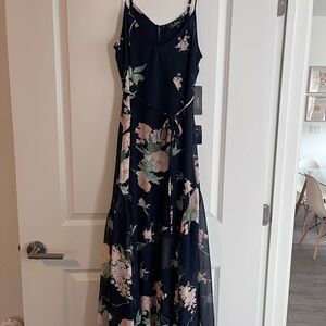 Lulu's Blue and Pink Ruffled Maxi Dress Spaghetti Strap